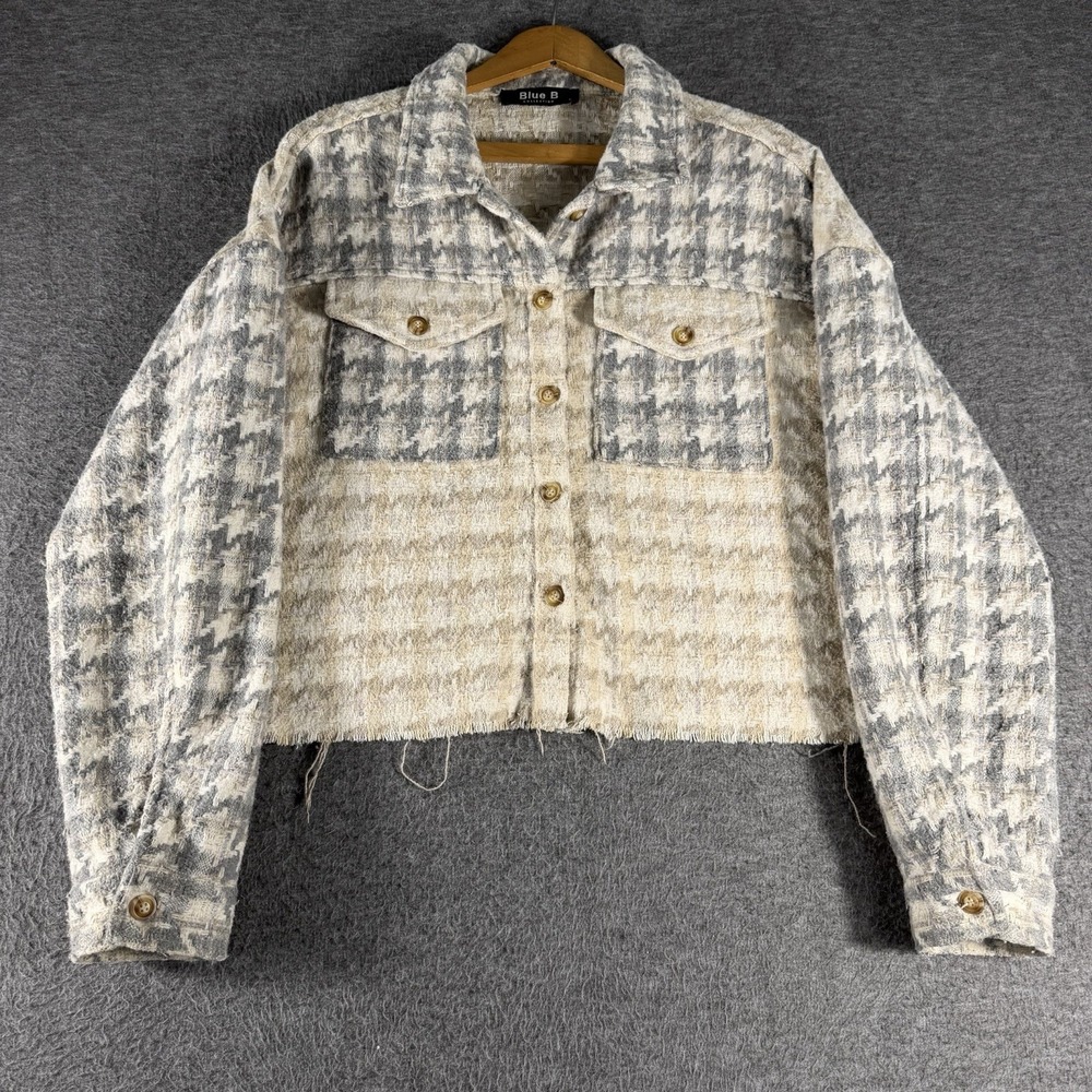 Blue B Collection Shacket Women's L Shirt Jacket Colorblock Check Pocket Raw Hem